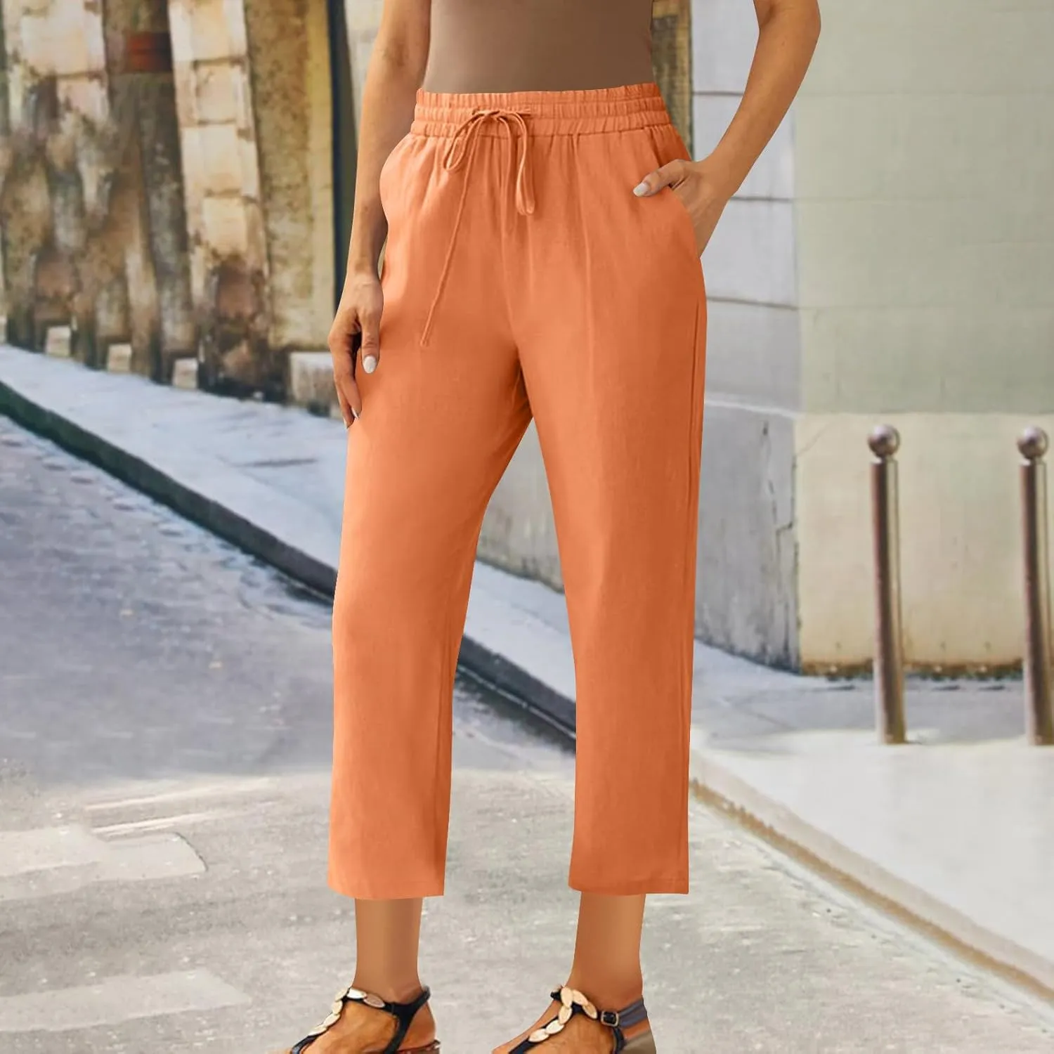 Linen Straight Leg Pants for Women Elastic Waist Ankle Length Pants Summer Casual Beach Trousers with Pockets 2025