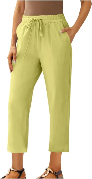 Linen Straight Leg Pants for Women Elastic Waist Ankle Length Pants Summer Casual Beach Trousers with Pockets 2025