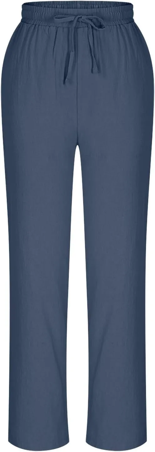 Linen Straight Leg Pants for Women Elastic Waist Ankle Length Pants Summer Casual Beach Trousers with Pockets 2025
