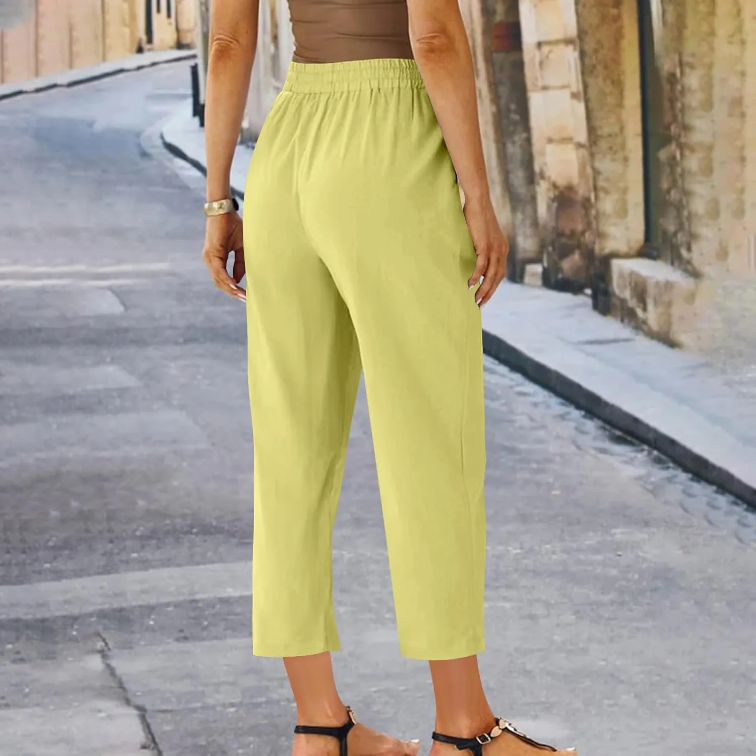 Linen Straight Leg Pants for Women Elastic Waist Ankle Length Pants Summer Casual Beach Trousers with Pockets 2025