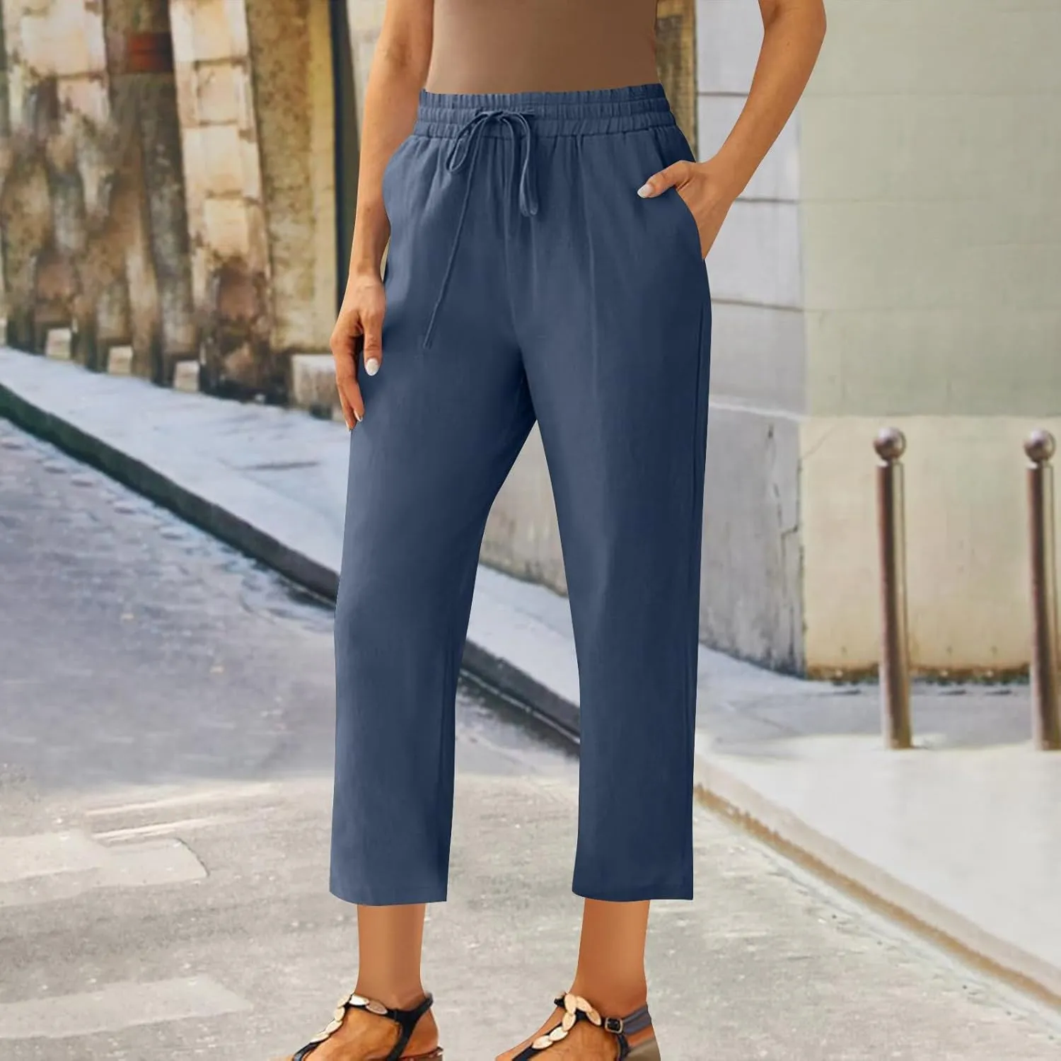 Linen Straight Leg Pants for Women Elastic Waist Ankle Length Pants Summer Casual Beach Trousers with Pockets 2025