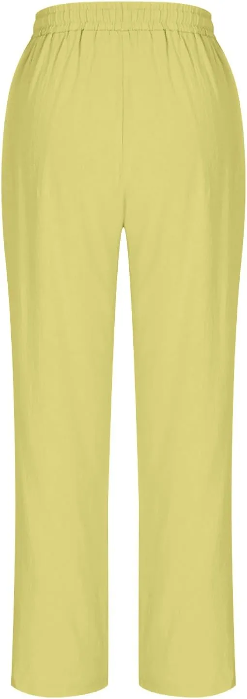 Linen Straight Leg Pants for Women Elastic Waist Ankle Length Pants Summer Casual Beach Trousers with Pockets 2025