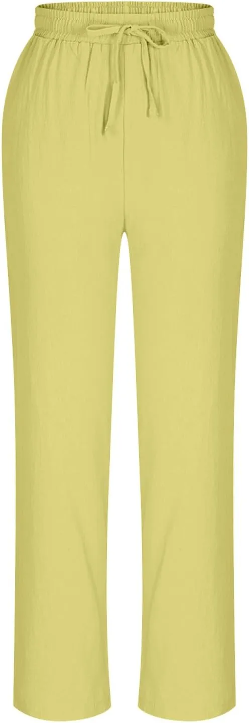 Linen Straight Leg Pants for Women Elastic Waist Ankle Length Pants Summer Casual Beach Trousers with Pockets 2025
