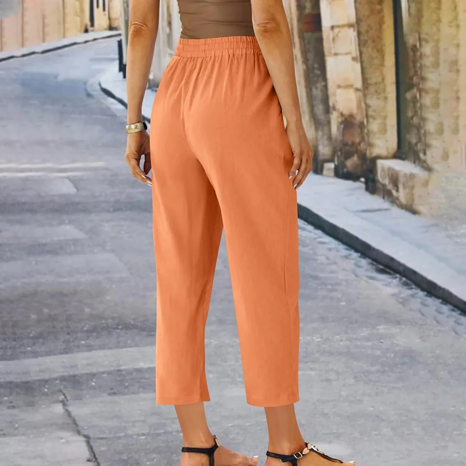 Linen Straight Leg Pants for Women Elastic Waist Ankle Length Pants Summer Casual Beach Trousers with Pockets 2025