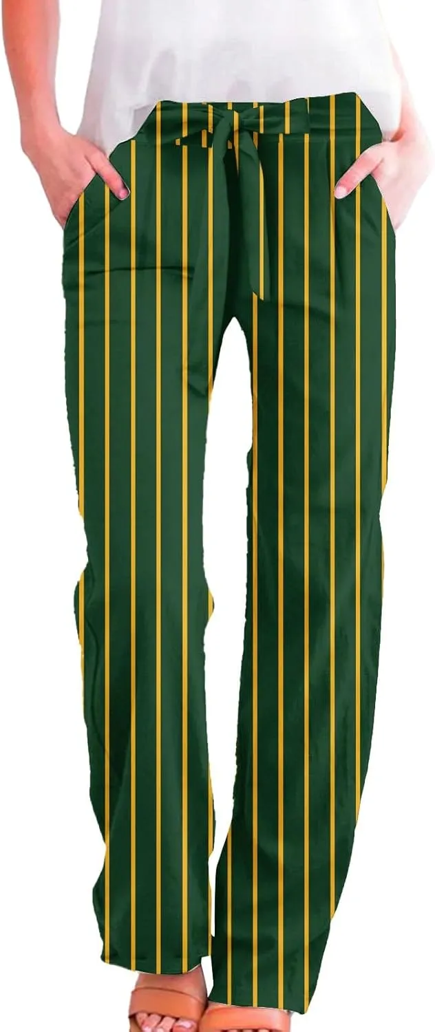 Linen Wide Leg Pants for Women High Waisted Adjustable Tie Knot Work Loose Flowy Beach Long Trousers with Pockets