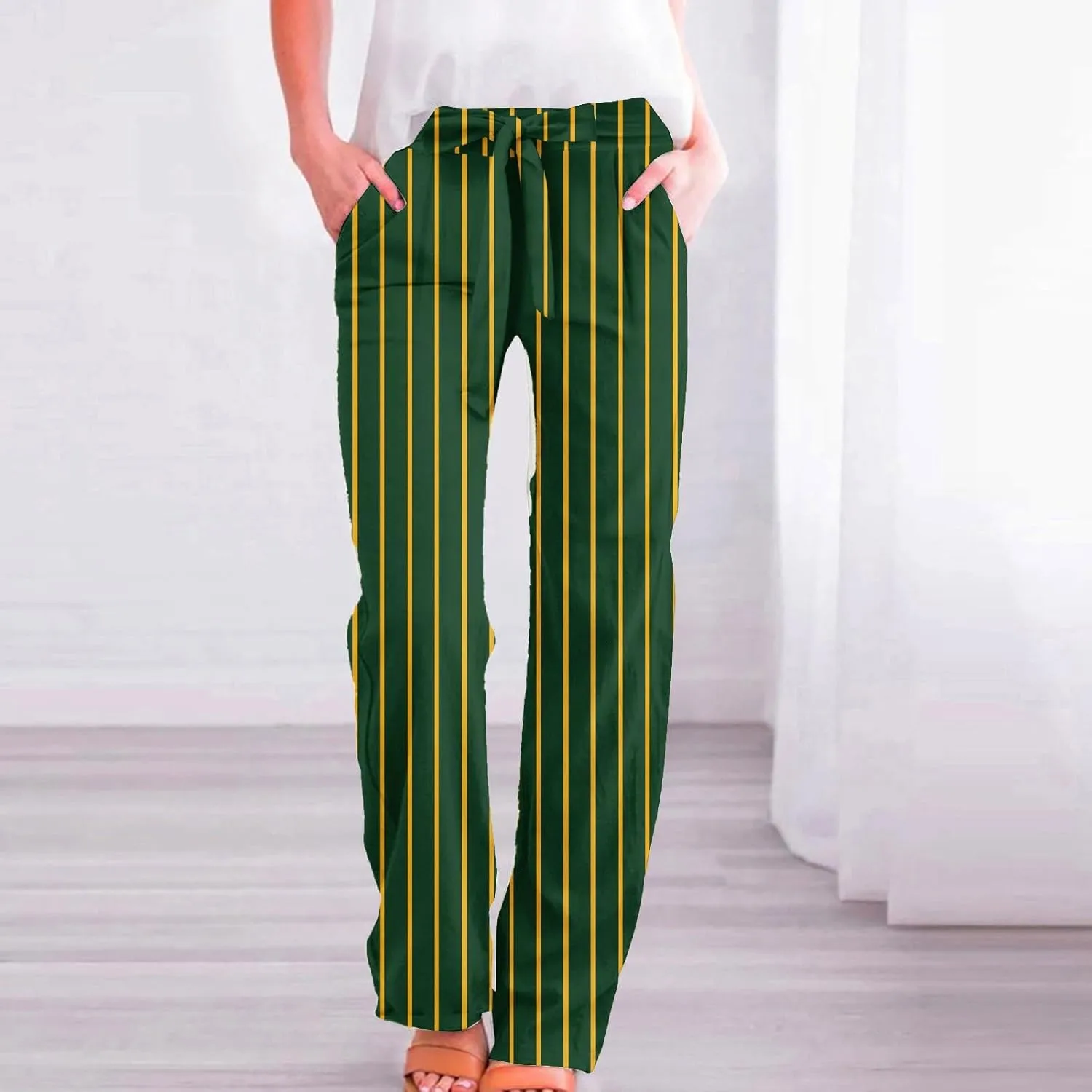 Linen Wide Leg Pants for Women High Waisted Adjustable Tie Knot Work Loose Flowy Beach Long Trousers with Pockets