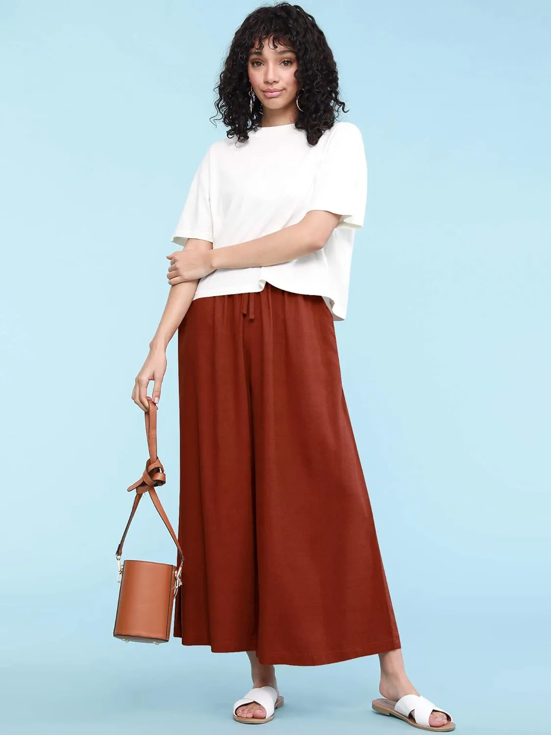 Lock and Love Women's Washed Linen Casual Loose Wide Leg Pants Pocket Pant with Draw String