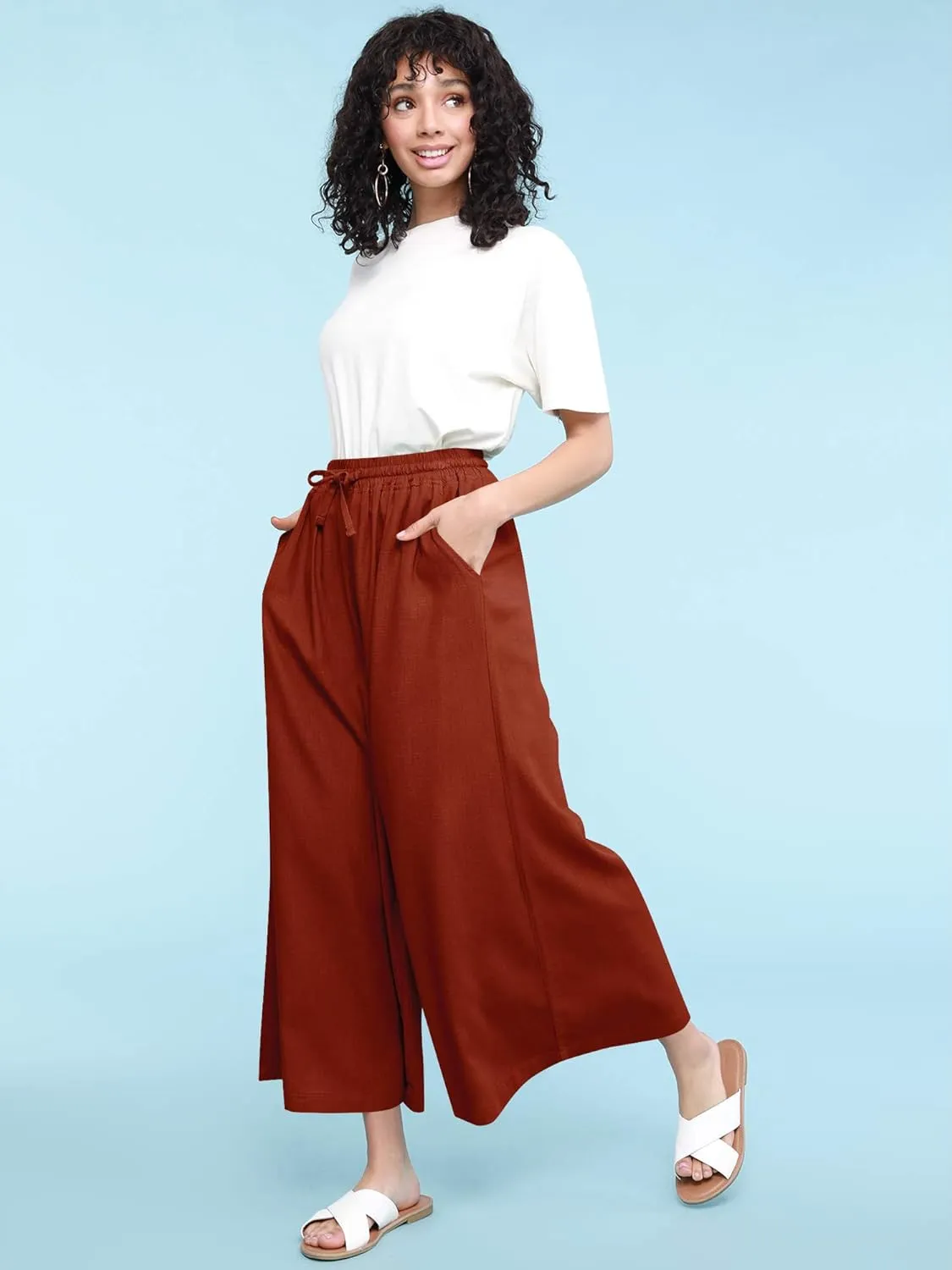 Lock and Love Women's Washed Linen Casual Loose Wide Leg Pants Pocket Pant with Draw String