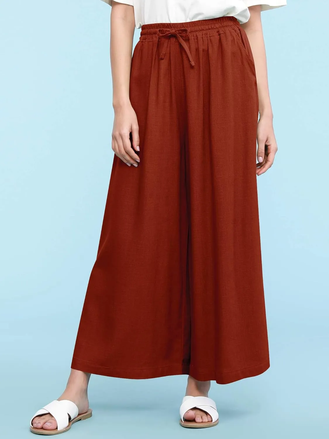 Lock and Love Women's Washed Linen Casual Loose Wide Leg Pants Pocket Pant with Draw String