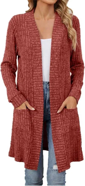 Long Cardigan for Women Thick Knitted Open Front Long Sleeve Fall Warm Sweater Solid Loose Dressy Vacation Cardigan