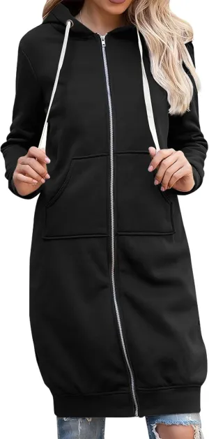 Long Hoodies for Women Zip Up Fleece Jacket Soft Long Sleeve Hooded Oversized Sweatshirt Winter Coat with Pockets