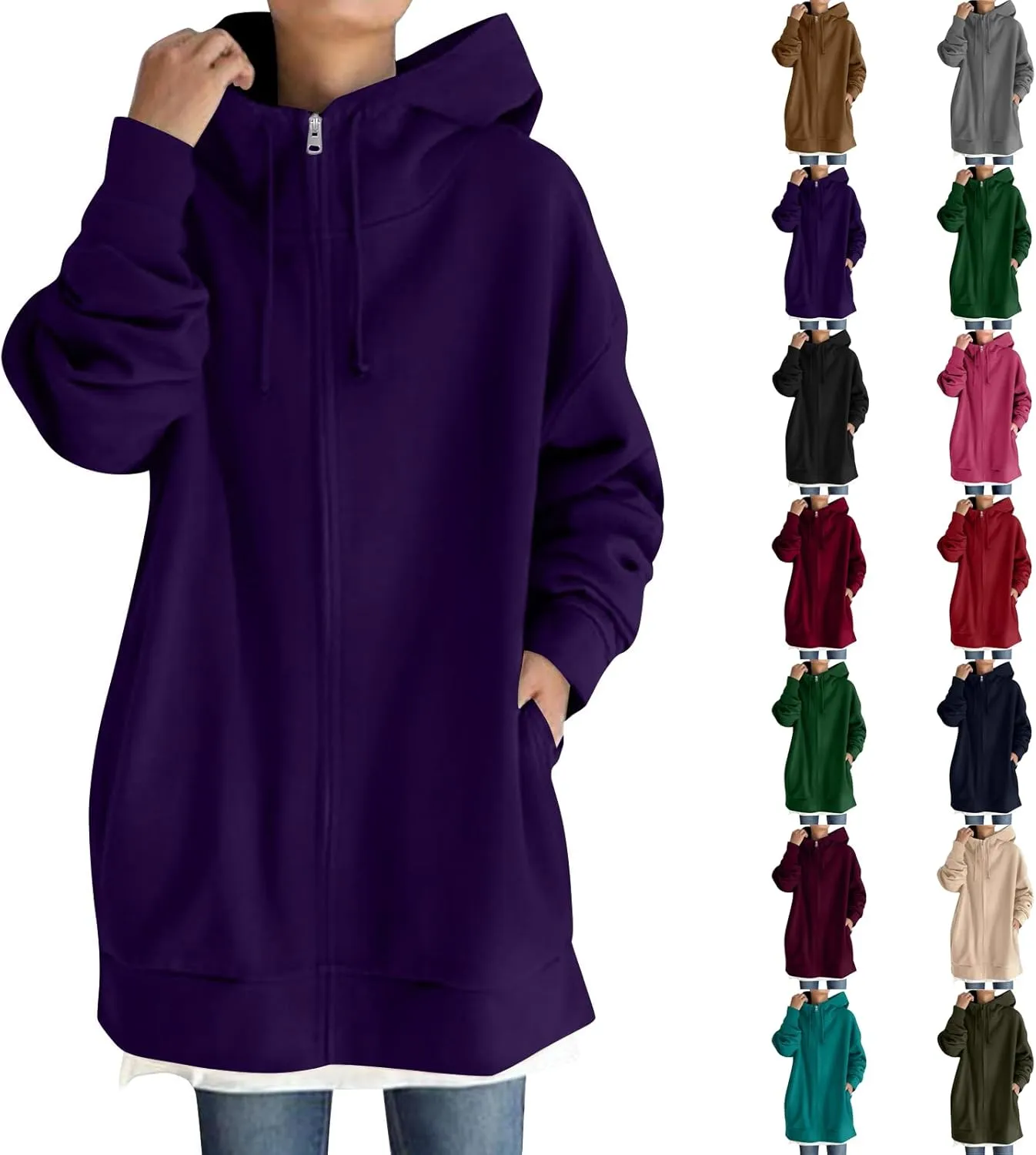 Long Hoodies for Women Zip Up Plus Size Loose Fit Fleece Jacket Long Sleeve Drawstring Sweatshirts with Pockets