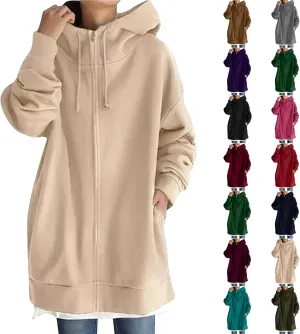 Long Hoodies for Women Zip Up Plus Size Loose Fit Fleece Jacket Long Sleeve Drawstring Sweatshirts with Pockets