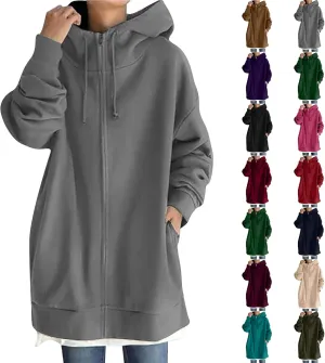 Long Hoodies for Women Zip Up Plus Size Loose Fit Fleece Jacket Long Sleeve Drawstring Sweatshirts with Pockets