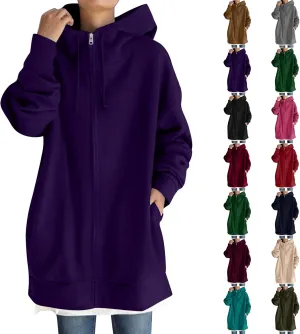 Long Hoodies for Women Zip Up Plus Size Loose Fit Fleece Jacket Long Sleeve Drawstring Sweatshirts with Pockets