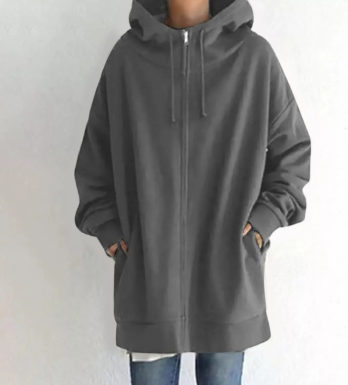 Long Hoodies for Women Zip Up Plus Size Loose Fit Fleece Jacket Long Sleeve Drawstring Sweatshirts with Pockets
