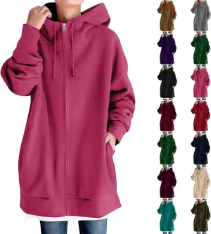 Long Hoodies for Women Zip Up Plus Size Loose Fit Fleece Jacket Long Sleeve Drawstring Sweatshirts with Pockets