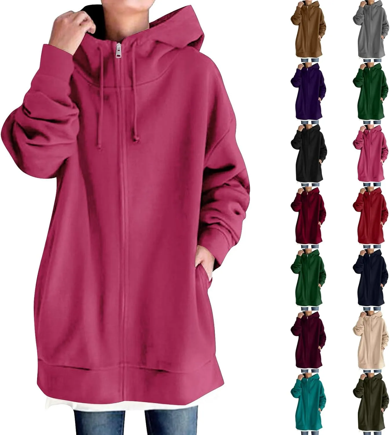 Long Hoodies for Women Zip Up Plus Size Loose Fit Fleece Jacket Long Sleeve Drawstring Sweatshirts with Pockets