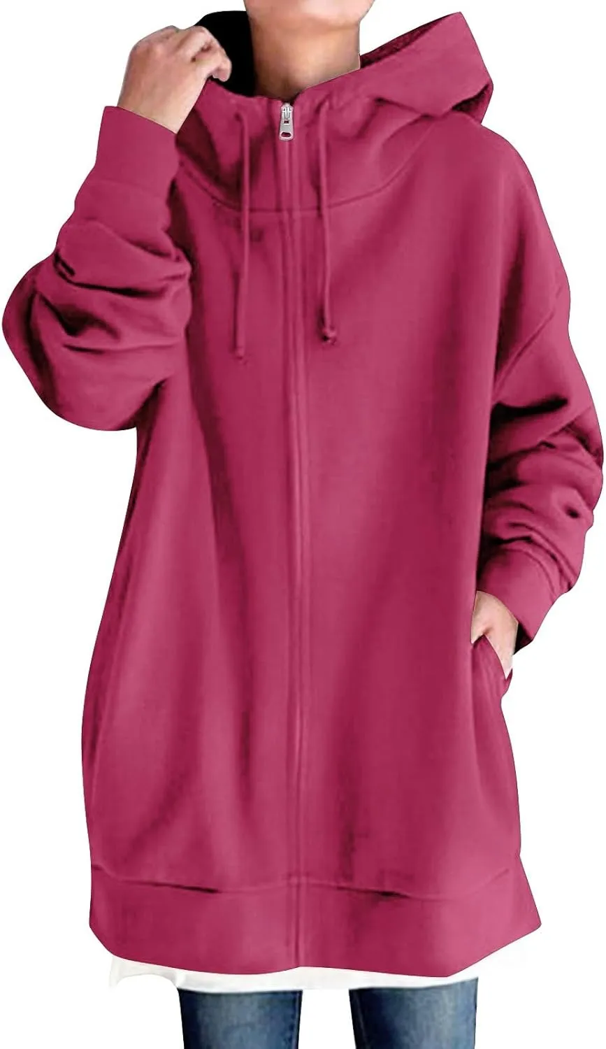 Long Hoodies for Women Zip Up Plus Size Loose Fit Fleece Jacket Long Sleeve Drawstring Sweatshirts with Pockets