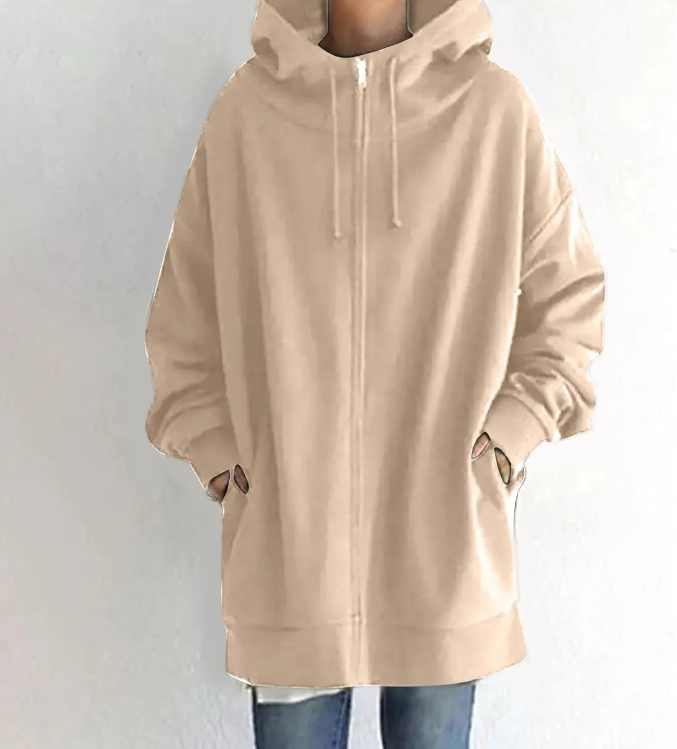 Long Hoodies for Women Zip Up Plus Size Loose Fit Fleece Jacket Long Sleeve Drawstring Sweatshirts with Pockets