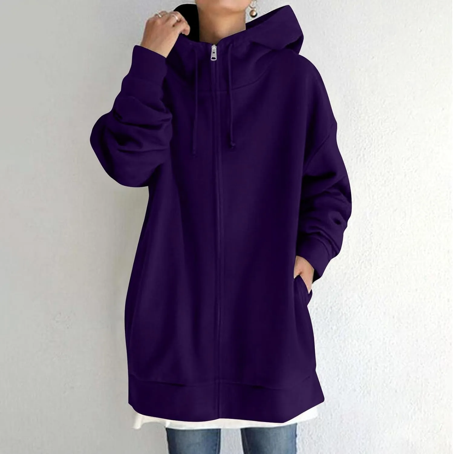 Long Hoodies for Women Zip Up Plus Size Loose Fit Fleece Jacket Long Sleeve Drawstring Sweatshirts with Pockets