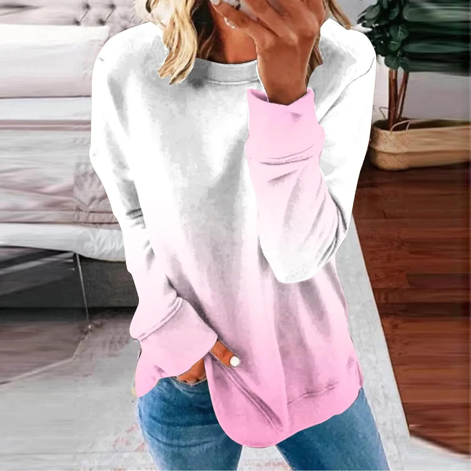 Long Sleeve Shirts for Women 2023 Tie Dye Print Oversized Sweatshirts Side Slit Pullover Tops for Leggings