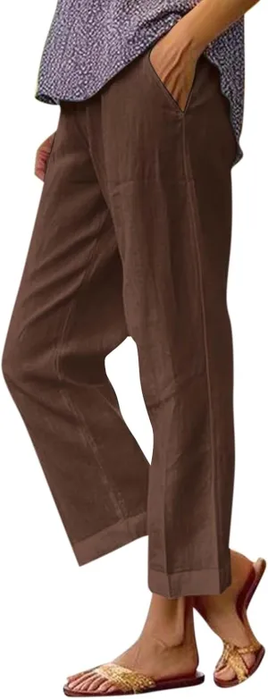 Lounge Pants for Women Casual Cotton Linen Summer Wide Leg Drawstring High Waist Cropped Trouser Vacation Outfits
