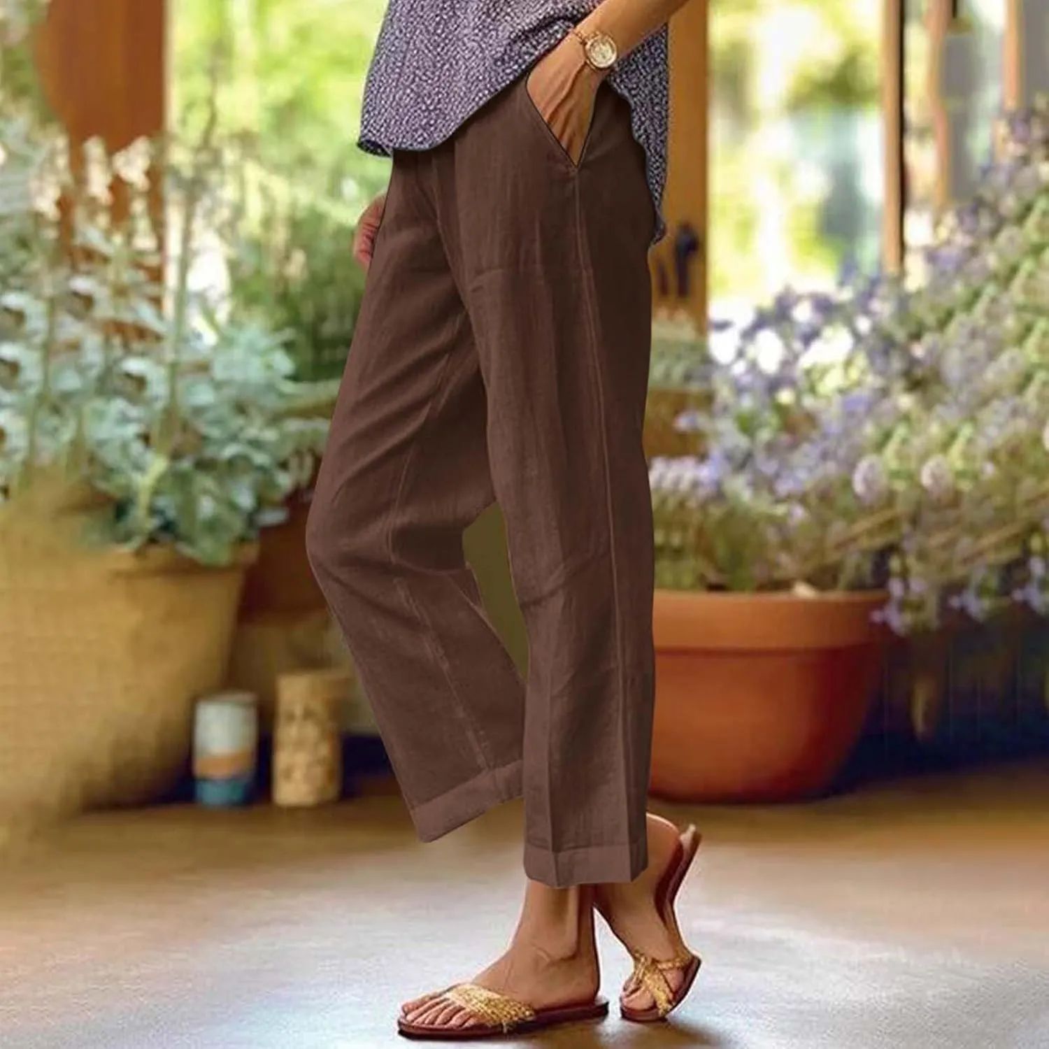 Lounge Pants for Women Casual Cotton Linen Summer Wide Leg Drawstring High Waist Cropped Trouser Vacation Outfits