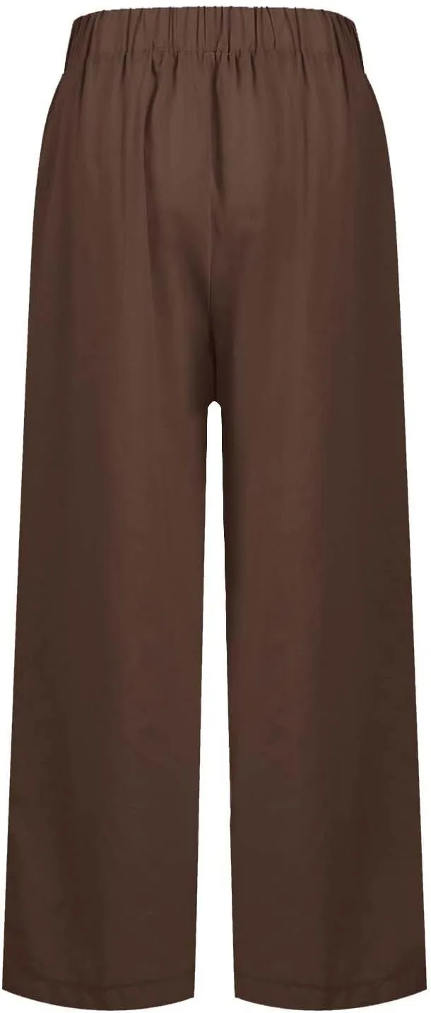 Lounge Pants for Women Casual Cotton Linen Summer Wide Leg Drawstring High Waist Cropped Trouser Vacation Outfits