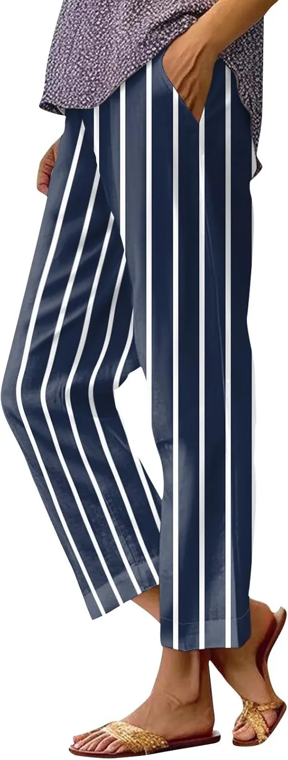 Lounge Pants Women Petite Linen Elastic Waisted Drawstring Pants with Pockets Solid Casual Summer Cropped Pants