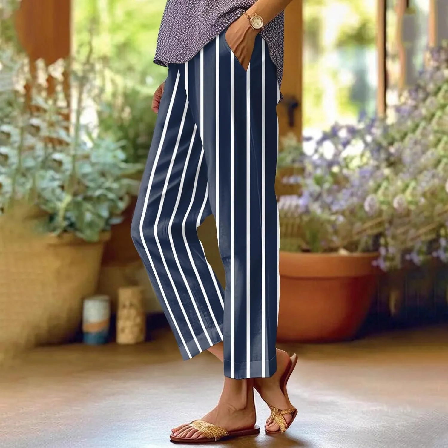 Lounge Pants Women Petite Linen Elastic Waisted Drawstring Pants with Pockets Solid Casual Summer Cropped Pants