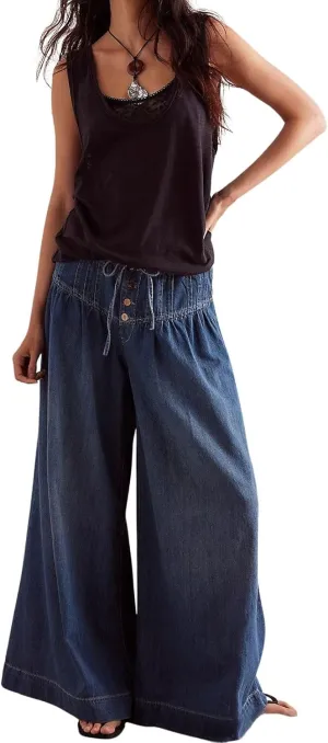 loveimgs Women Y2k Pleated Baggy Jeans Elastic Waist Wide Leg Denim Pants Palazzo Cargo Barrel Jeans Drawstring