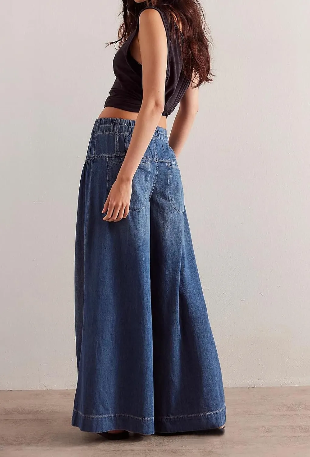 loveimgs Women Y2k Pleated Baggy Jeans Elastic Waist Wide Leg Denim Pants Palazzo Cargo Barrel Jeans Drawstring