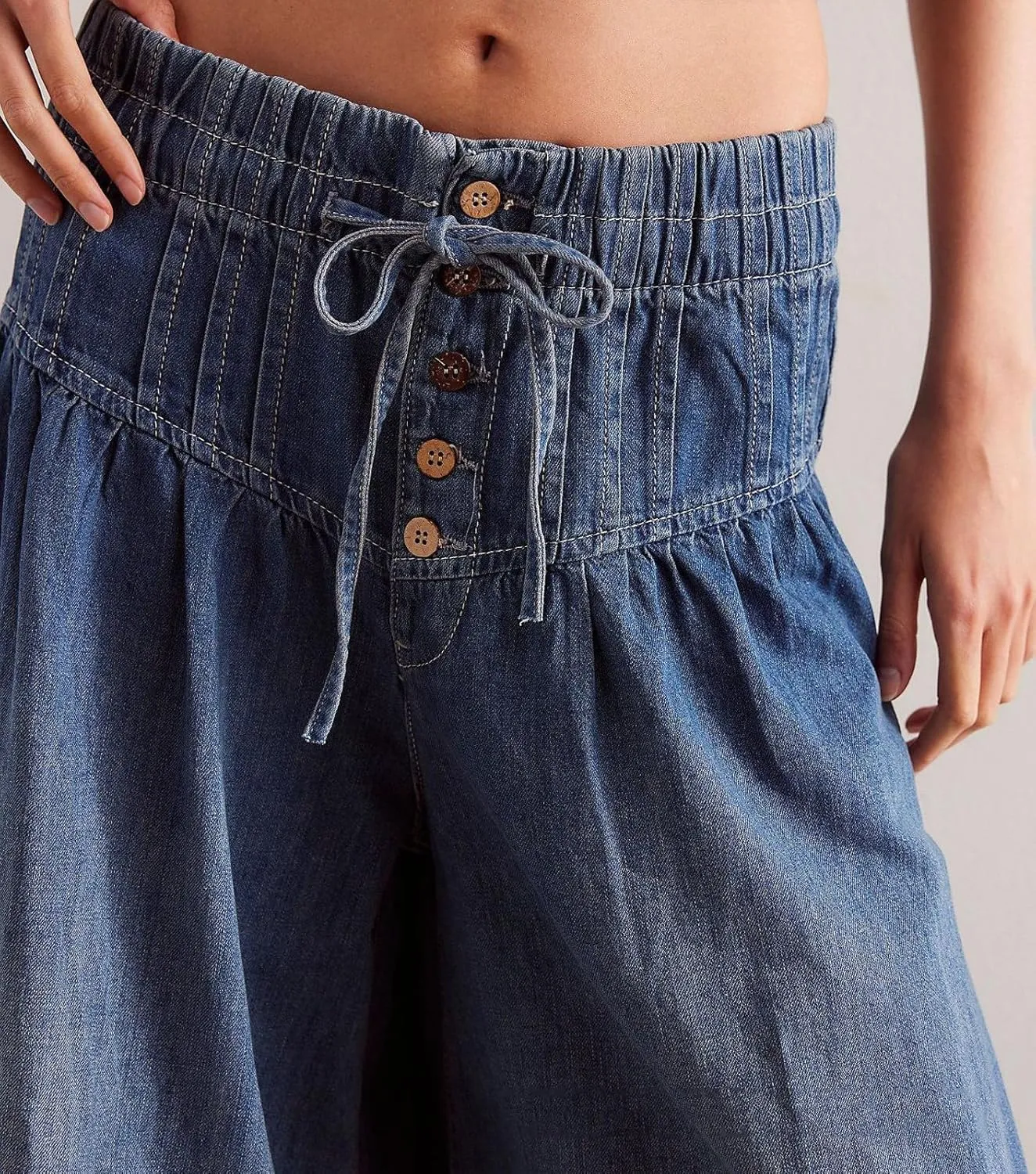 loveimgs Women Y2k Pleated Baggy Jeans Elastic Waist Wide Leg Denim Pants Palazzo Cargo Barrel Jeans Drawstring