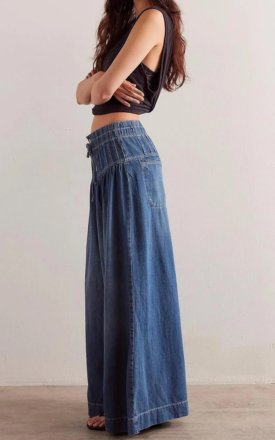 loveimgs Women Y2k Pleated Baggy Jeans Elastic Waist Wide Leg Denim Pants Palazzo Cargo Barrel Jeans Drawstring