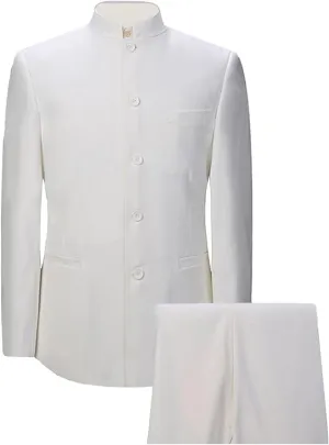 Men's 2 Pieces Chinese Tunic Suit Set Mandarin Collar Blazer Jacket Pants Sets Slim Fit Stand Collar Uniform Dress