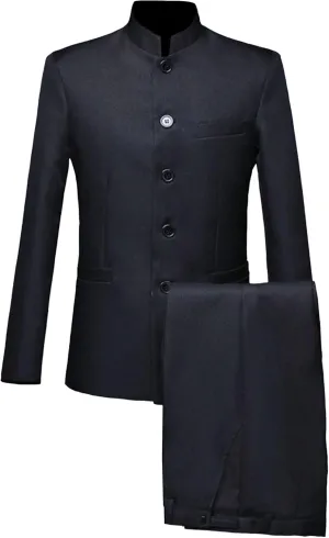 Men's 2 Pieces Chinese Tunic Suit Set Mandarin Collar Blazer Jacket Pants Sets Slim Fit Stand Collar Uniform Dress