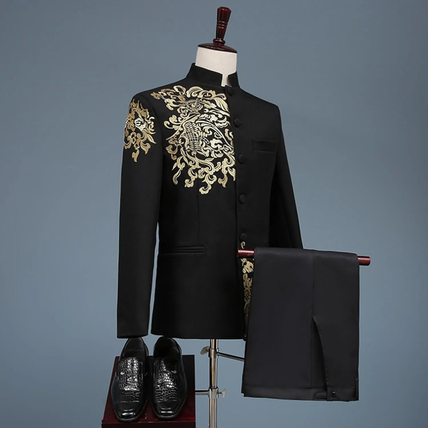 Men's 2 Pieces Chinese Tunic Suit Set Mandarin Collar Blazer Jacket Pants Sets Slim Fit Stand Collar Uniform Dress