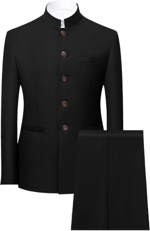 Men's 2 Pieces Chinese Tunic Suit Set Mandarin Collar Blazer Jacket Pants Sets Slim Fit Stand Collar Uniform Dress