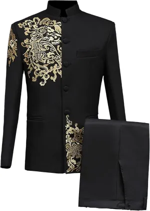 Men's 2 Pieces Chinese Tunic Suit Set Mandarin Collar Blazer Jacket Pants Sets Slim Fit Stand Collar Uniform Dress