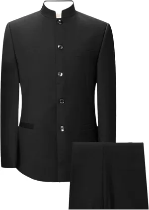 Men's 2 Pieces Chinese Tunic Suit Set Mandarin Collar Blazer Jacket Pants Sets Slim Fit Stand Collar Uniform Dress
