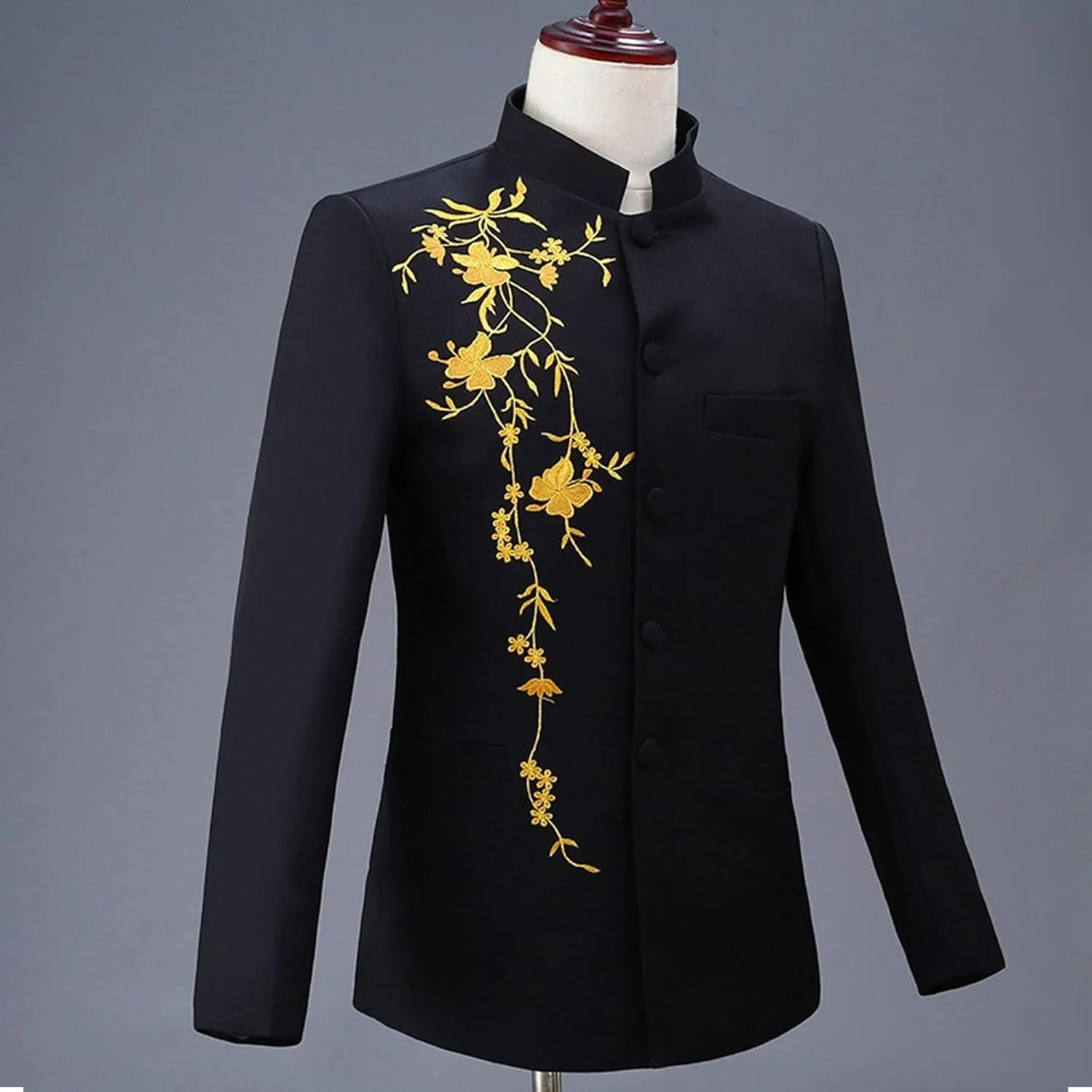 Mens Chinese Tunic Suit Slim Fit Stand Collar 2 Pieces Suits Mandarin Collar Blazer Jacket Pants Set Uniform Dress