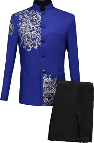 Mens Chinese Tunic Suit Slim Fit Stand Collar 2 Pieces Suits Mandarin Collar Blazer Jacket Pants Set Uniform Dress