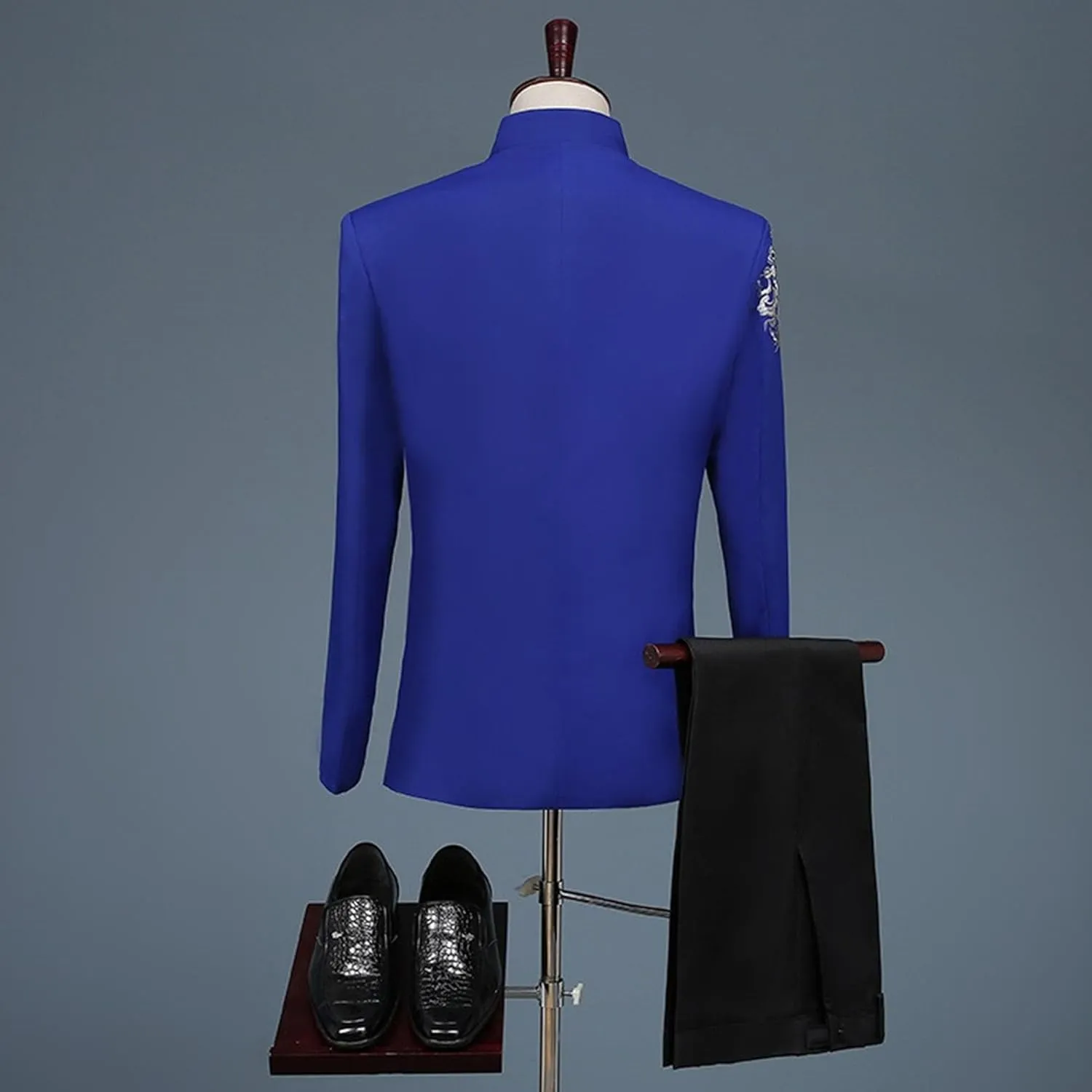 Mens Chinese Tunic Suit Slim Fit Stand Collar 2 Pieces Suits Mandarin Collar Blazer Jacket Pants Set Uniform Dress