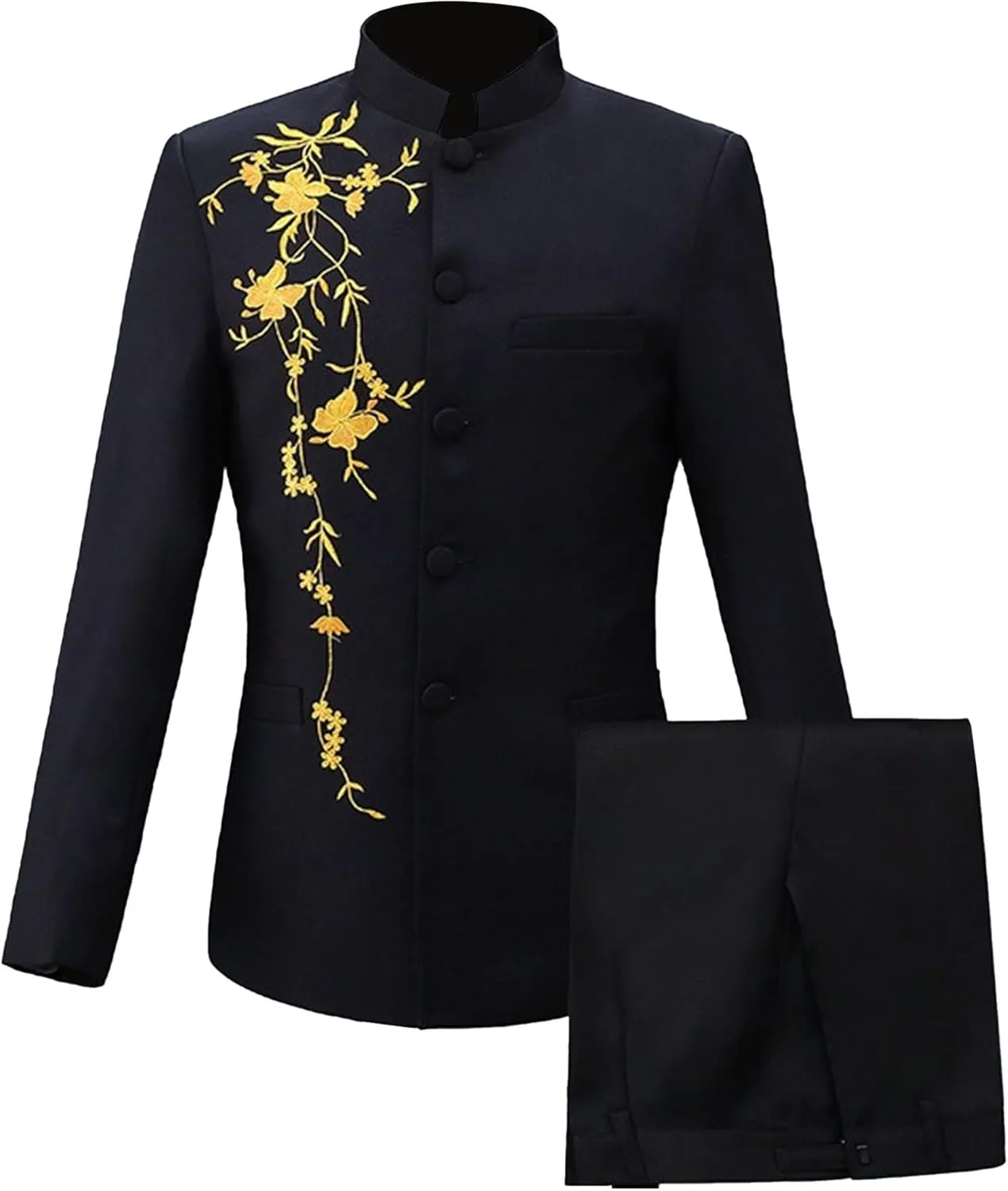 Mens Chinese Tunic Suit Slim Fit Stand Collar 2 Pieces Suits Mandarin Collar Blazer Jacket Pants Set Uniform Dress
