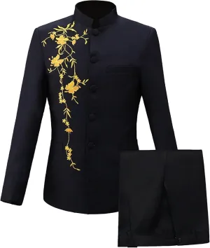 Mens Chinese Tunic Suit Slim Fit Stand Collar 2 Pieces Suits Mandarin Collar Blazer Jacket Pants Set Uniform Dress