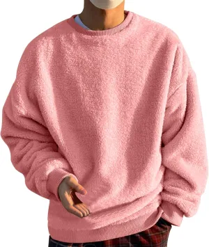 Mens Fuzzy Sherpa Sweatshirt Winter Fall Fleece Pullover Crewneck Solid Color Sweatshirts Loose Fit Plus Size Shirts