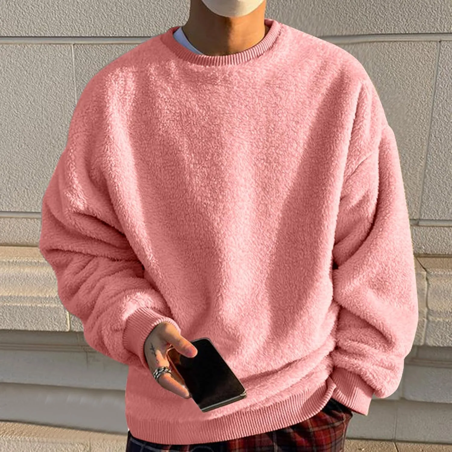 Mens Fuzzy Sherpa Sweatshirt Winter Fall Fleece Pullover Crewneck Solid Color Sweatshirts Loose Fit Plus Size Shirts