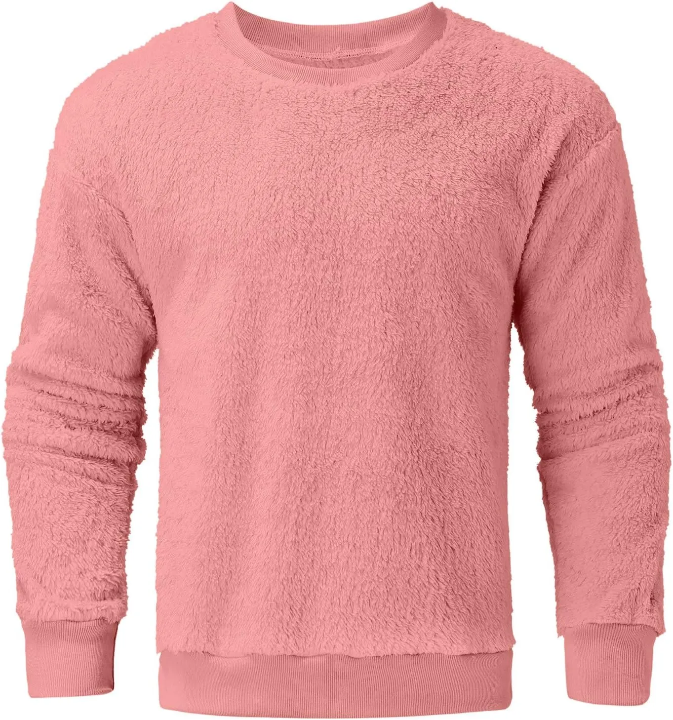 Mens Fuzzy Sherpa Sweatshirt Winter Fall Fleece Pullover Crewneck Solid Color Sweatshirts Loose Fit Plus Size Shirts