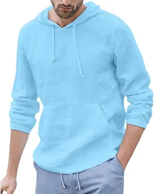 Mens Trendy Hoodie Baggy Cotton Linen Hooded Pocket Solid Long Sleeve Retro T Shirts Tops Hoodies Pullover